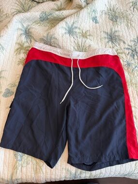 Men's Disney Cruise Line Navy & Red Swim Board Shorts with White Waistband